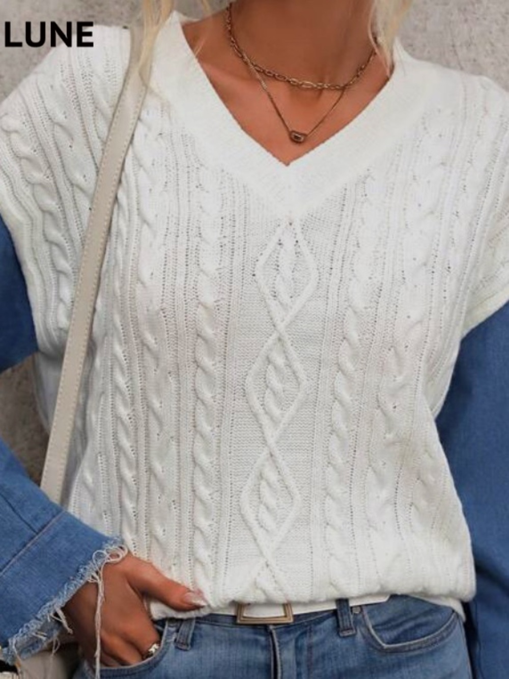 SHEIN Cream Cable Knit V-Neck Sweater Vest